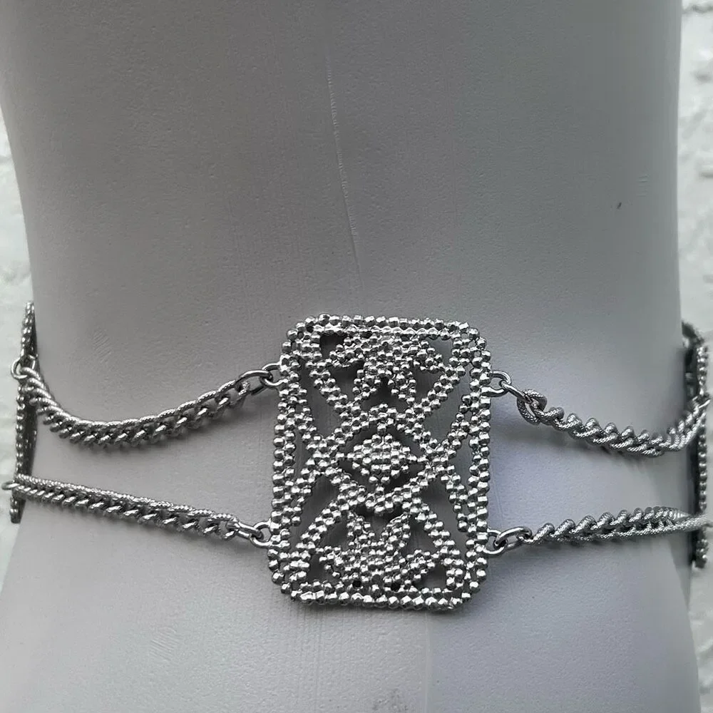 Vintage Stamped Steel Panel And Chain Fashion Belt Women's 30